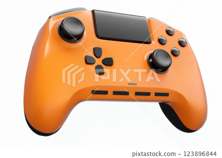Realistic orange video game joystick or gamepad on white background. 3D rendering of streaming gear for cloud gaming and gamer workspace concept Realistic orange video game joystick or gamepad on white background. 3D rendering of streaming gear for cloud gaming and gamer workspace concept 123896844
