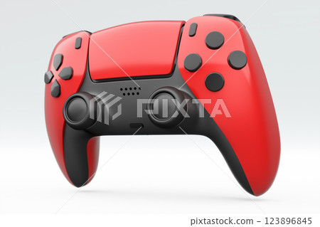 Realistic red video game joystick or gamepad on white background. 3D rendering of streaming gear for cloud gaming and gamer workspace concept Realistic red video game joystick or gamepad on white background. 3D rendering of streaming gear for cloud gaming and gamer workspace concept 123896845