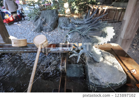 Dec 9 2024 Japanese Dragon Fountain at a Serene Shrine Outdoors Dec 9 2024 Japanese Dragon Fountain at a Serene Shrine Outdoors 123897102