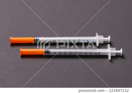 Top view of insulin syringes ready for injection on colorful background. Diabetic concept with copy space Top view of insulin syringes ready for injection on colorful background. Diabetic concept with copy space 123897232