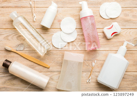 Mockup for bathing products top view flat lay, spa razor, toothpaste, soap, gel and other various accessories. Cosmetics for skin health. Bath Mockup for your logo Mockup for bathing products top view flat lay, spa razor, toothpaste, soap, gel and other various accessories. Cosmetics for skin health. Bath Mockup for your logo 123897249