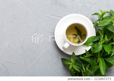 Cup of mint tea on table background. Green tea with fresh mint top view with copy space 123897273