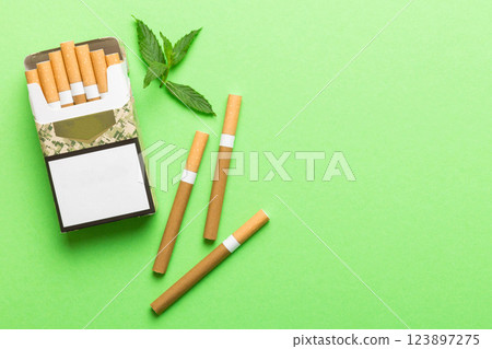 Pack of menthol cigarettes and fresh mint on colored table, Menthol cigarettes top view flat lay 123897275