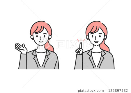 Illustration of a woman in a suit giving directions with a smile 123897382