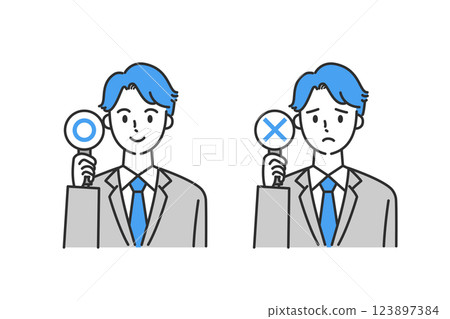 一位穿著西裝的男士正在張貼“是”或“否”面板的插圖 123897384