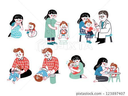 一對年輕夫婦努力養育孩子的插圖集 123897407