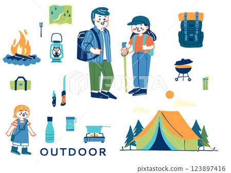 戶外設備和享受戶外活動的人們的插圖集 123897416