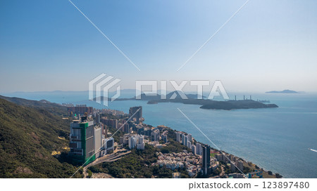 Feb 9 2025 Cityscape with Skyscrapers and Island Views From Above Feb 9 2025 Cityscape with Skyscrapers and Island Views From Above 123897480