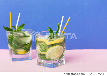 Mojito summer refreshing cocktail with ice and mint. mojito cocktail with lime, lemon and mint in a tall glass with a stick 123897541