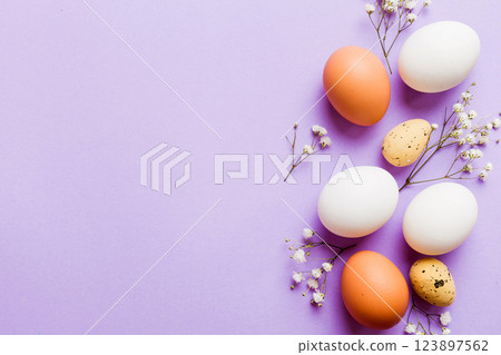Happy Easter composition. Easter eggs on colored table with gypsophila. Natural dyed colorful eggs background top view with copy space Happy Easter composition. Easter eggs on colored table with gypsophila. Natural dyed colorful eggs background top view with copy space 123897562