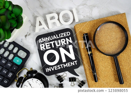AROI - Annualized Return On Investment acronym with calculator, alarm clock and magnifying glass, Business concept background AROI - Annualized Return On Investment acronym with calculator, alarm clock and magnifying glass, Business concept background 123898055