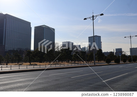 從皇居外苑望去的藍天、薄白的雲朵、道路、綠樹成蔭的公園、高樓林立的都會風景 123898087