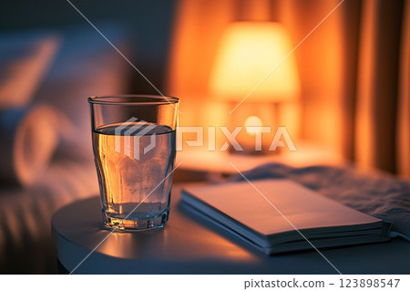 Glass of Water on Nightstand Calm Bedroom Ambiance Soft Lighting Relaxing Evening Glass of Water on Nightstand Calm Bedroom Ambiance Soft Lighting Relaxing Evening 123898547