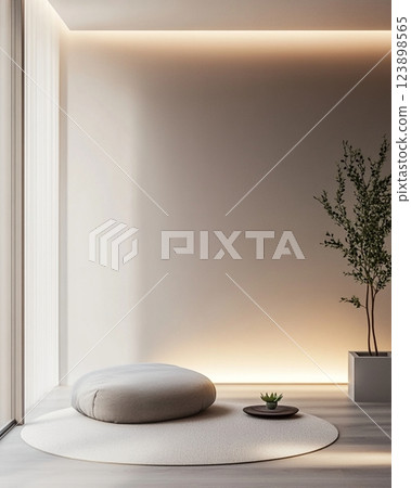 Serene Minimalist Interior Design Round Cushion Plant and Soft Lighting Serene Minimalist Interior Design Round Cushion Plant and Soft Lighting 123898565