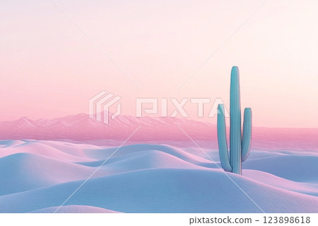 Serene Pastel Desert Landscape Saguaro Cactus in Pink and Blue Sand Dunes at Sunset 123898618