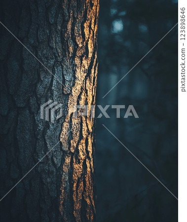 Golden Hour Sunlight Illuminating Tree Bark Texture in Forest Setting 123898646