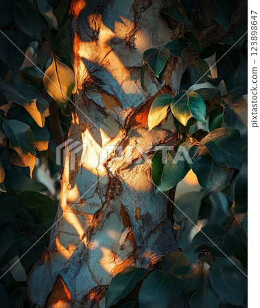 Golden Sunlight Illuminates Tree Bark Texture Green Leaves Nature Photography 123898647