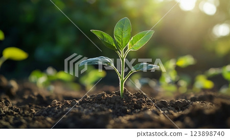 Young Sprout Growing in Rich Soil New Life Environmental Conservation Nature Photography 123898740