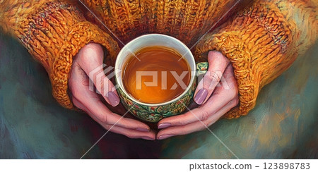Cozy Autumn Scene Woman s Hands in Knit Sweater Holding Warm Mug of Tea 123898783