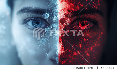 dynamic split screen concept showing effects of virus on human face 123898844