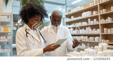 young female doctor and older male pharmacist discuss medication in pharmacy 123898845