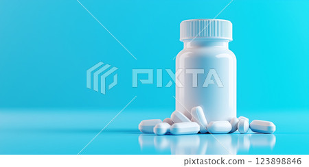 minimalist product shot of generic antihistamine bottle with white pills on blue background 123898846