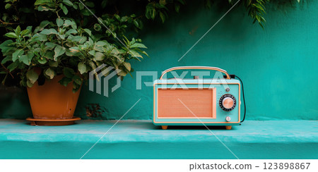 vintage radio with orange speaker and dial sits on turquoise shelf beside potted plant 123898867