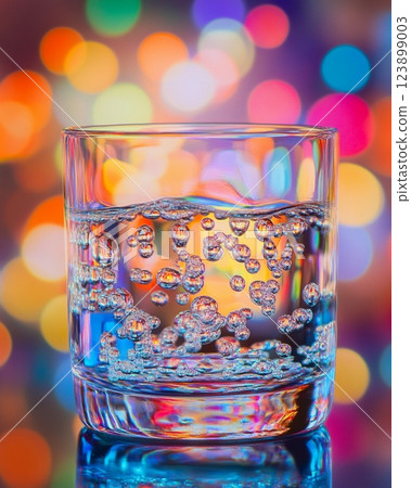 Sparkling Water in Glass Festive Bokeh Background Closeup Photography 123899003