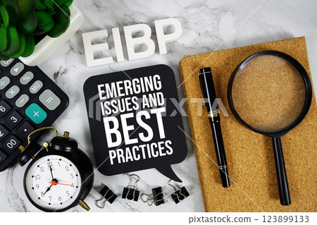 EIBP - Emerging Issues and Best Practices acronym with calculator, alarm clock and magnifying glass, Business concept background 123899133