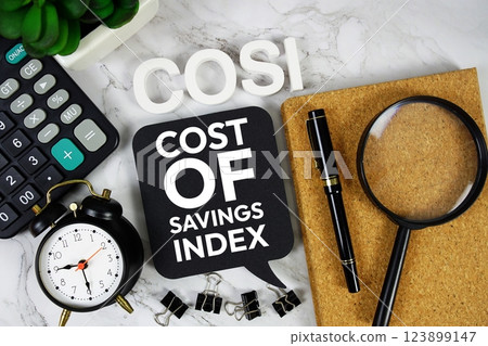 COSI - Cost Of Savings Index acronym with calculator, alarm clock and magnifying glass, business concept background COSI - Cost Of Savings Index acronym with calculator, alarm clock and magnifying glass, business concept background 123899147