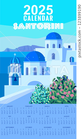 Calendar Monthly 2025 Greece Poster Travel, Greek white buildings with blue roofs Calendar Monthly 2025 Greece Poster Travel, Greek white buildings with blue roofs 123899190