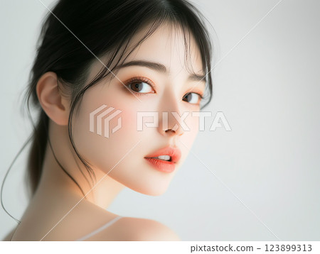 Portrait of a beautiful woman looking back over her shoulder 123899313