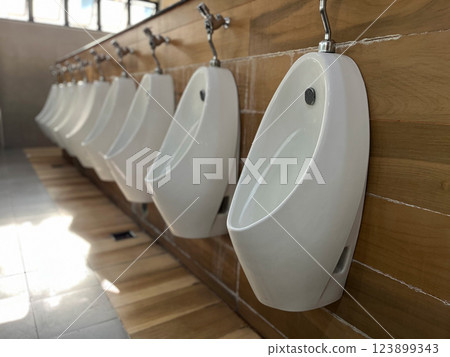 white toilet bowl, white ceramic urinals mounted on a wooden wall in a clean public restroom, restroom features modern design and stainless steel flush valves 123899343