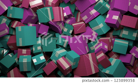 Vibrant Chaos: A Pile of Colorful Gift Boxes in Purple and Teal Vibrant Chaos: A Pile of Colorful Gift Boxes in Purple and Teal 123899358