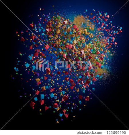 Geometric Symphony: A Burst of Colorful Shapes Against Darkness 123899390