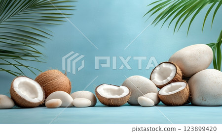 Background material with coconuts and palm trees 123899420