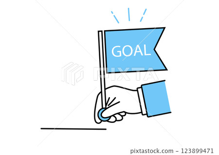 Illustration of the hand of a person in a suit or uniform raising a goal flag 123899471
