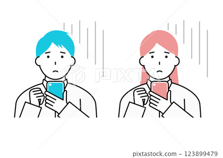 圖：一位年輕男士和一位女士正看著自己的智慧型手機，臉上帶著苦惱的表情 123899479