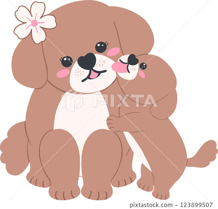Mother's Day puppy licks its mother's cheek cartoon illustration in flat design with love and warmth 123899507