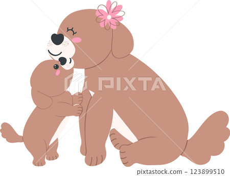 Mother's Day Puppy kisses mother's cheek cartoon illustration in flat design with love and warmth Mother's Day Puppy kisses mother's cheek cartoon illustration in flat design with love and warmth 123899510