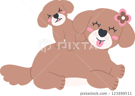Mother's Day dog puppy rides on mother's back cartoon in flat design with love and warmth Mother's Day dog puppy rides on mother's back cartoon in flat design with love and warmth 123899511