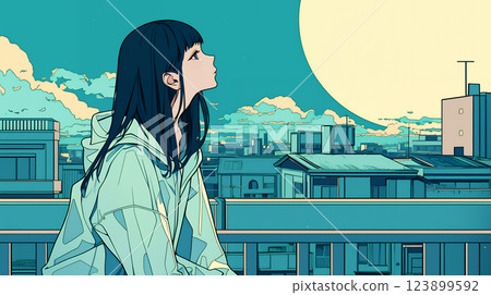 Anime-style girl looking up at the sky AI-generated image 123899592