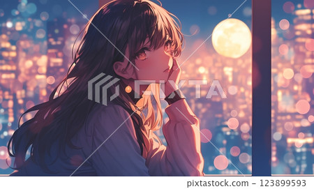 Anime-style girl looking up at the sky AI-generated image 123899593