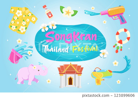 Exciting Songkran Festival Activities with Colorful Items, vector illustration 123899606