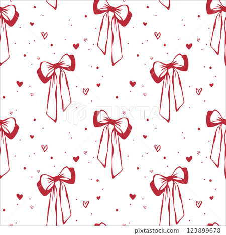 Red bows and hearts. Coquette core. Seamless pattern EPS vector hand drawn for cute core, girly, romantic, wedding design, textile, wrapping, fabric, wallpaper and scrapbooking paper. Outline sketch. 123899678