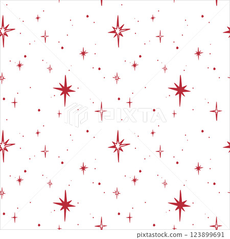 Red stars, large and small. Seamless pattern EPS vector hand drawn for festive packaging paper, textile, wrapping, fabric, wallpaper, design, winter holiday season and scrapbooking. Outline sketch. 123899691