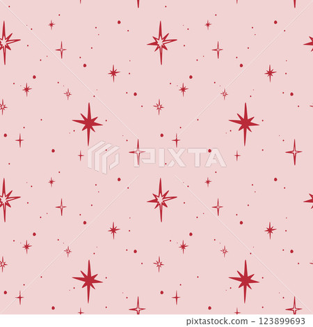 Red stars, large and small on pink background. Seamless pattern EPS vector hand drawn for festive packaging paper, textile, wrapping, fabric, design, winter holiday and scrapbooking. Outline sketch. Red stars, large and small on pink background. Seamless pattern EPS vector hand drawn for festive packaging paper, textile, wrapping, fabric, design, winter holiday and scrapbooking. Outline sketch. 123899693