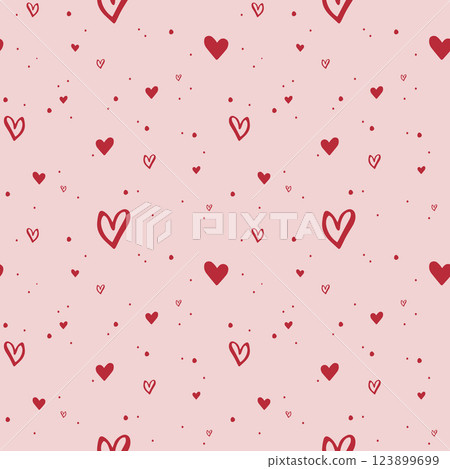 Red hearts on pink background. Coquette core. Seamless pattern EPS vector hand drawn for romantic, valentine, wedding design, cute core, girly, textile, wrapping, fabric, scrapbooking. Outline sketch. Red hearts on pink background. Coquette core. Seamless pattern EPS vector hand drawn for romantic, valentine, wedding design, cute core, girly, textile, wrapping, fabric, scrapbooking. Outline sketch. 123899699