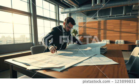 Architects study blueprints while planning a building. The concept emphasizes the importance of careful design and precision in architecture. Generative AI. Architects study blueprints while planning a building. The concept emphasizes the importance of careful design and precision in architecture. Generative AI. 123899831