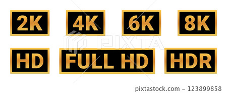Golden Media Resolution Badges Set: 2K, 4K, 6K, 8K, HD, Full HD, HDR 123899858